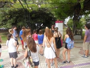 Alejandra, one of our Spanish language teachers shows our students a map of the city and the places we'll be visiting in the next few days.